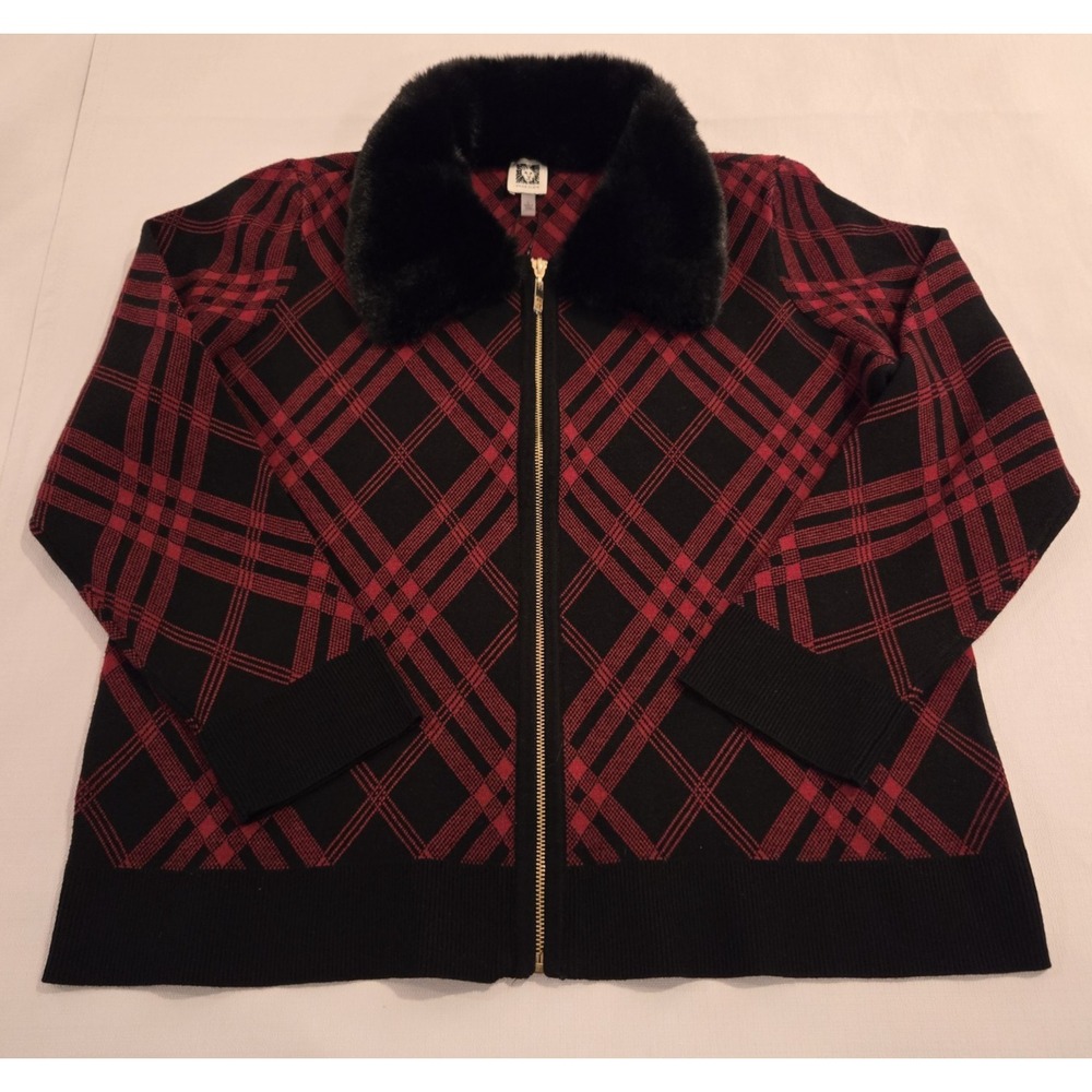 NWT Anne Klein Women's Full Zip Plaid Sweater Removeable Faux Fur Collar Size L